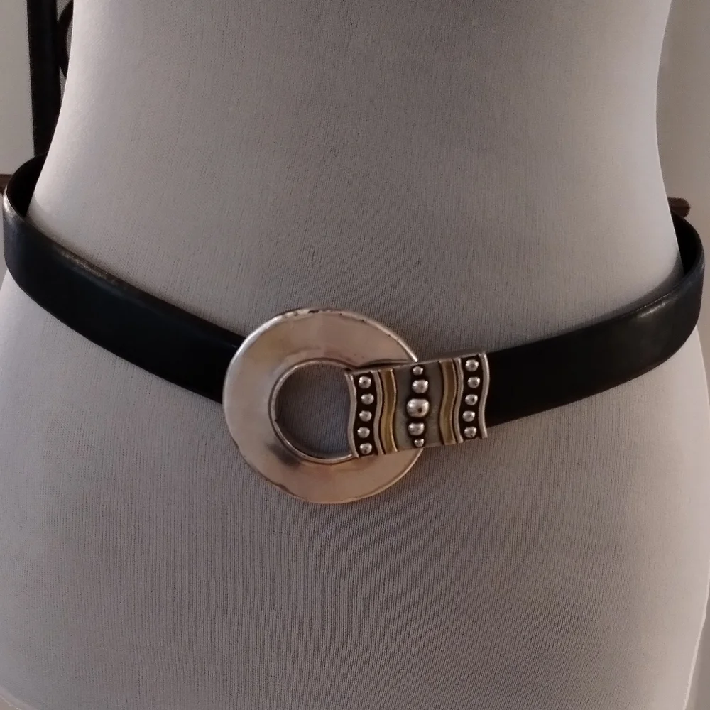Chico's Adjustable Black Split Leather Belt with Silver Circle Buckle S/M